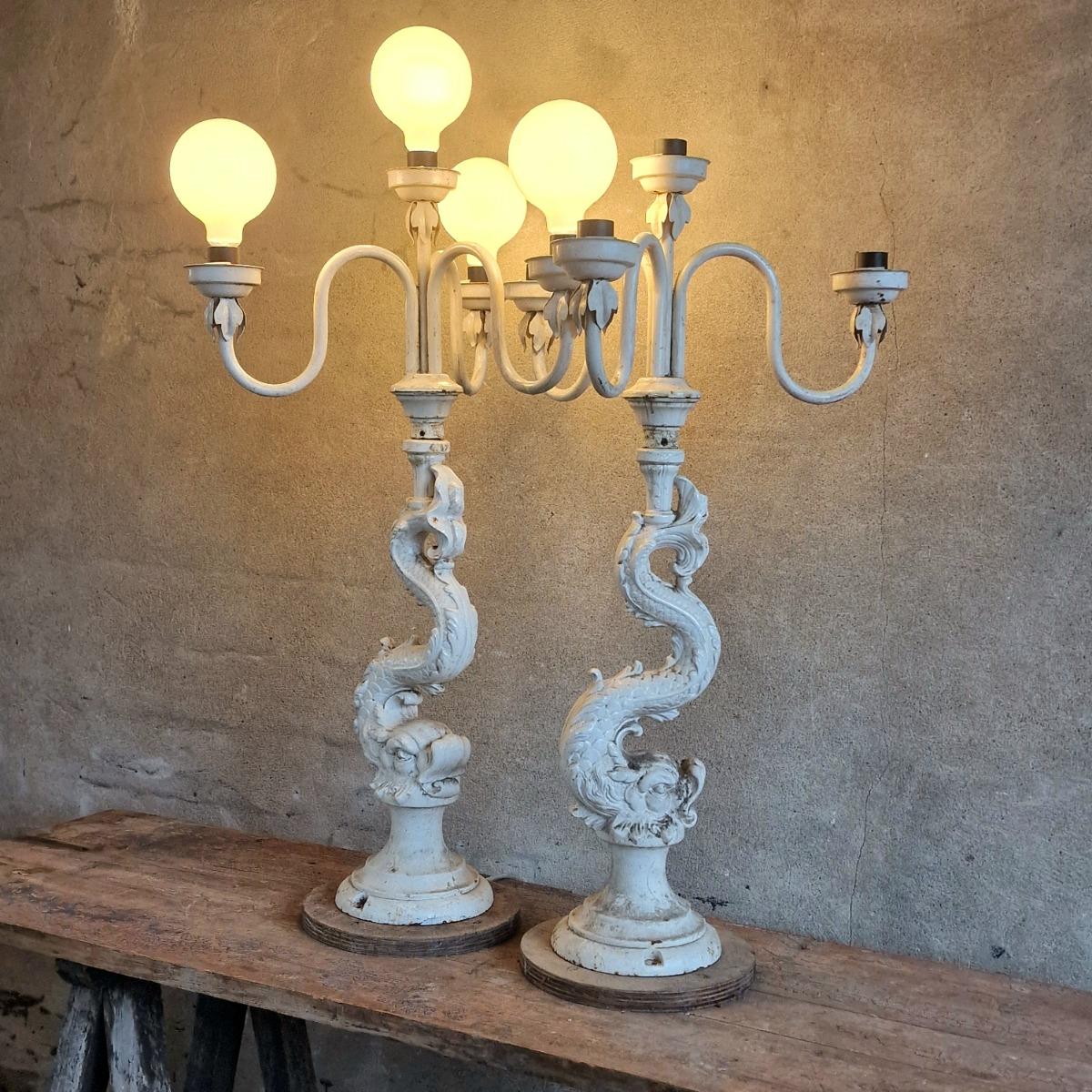 2 cast iron Dolphin lamps