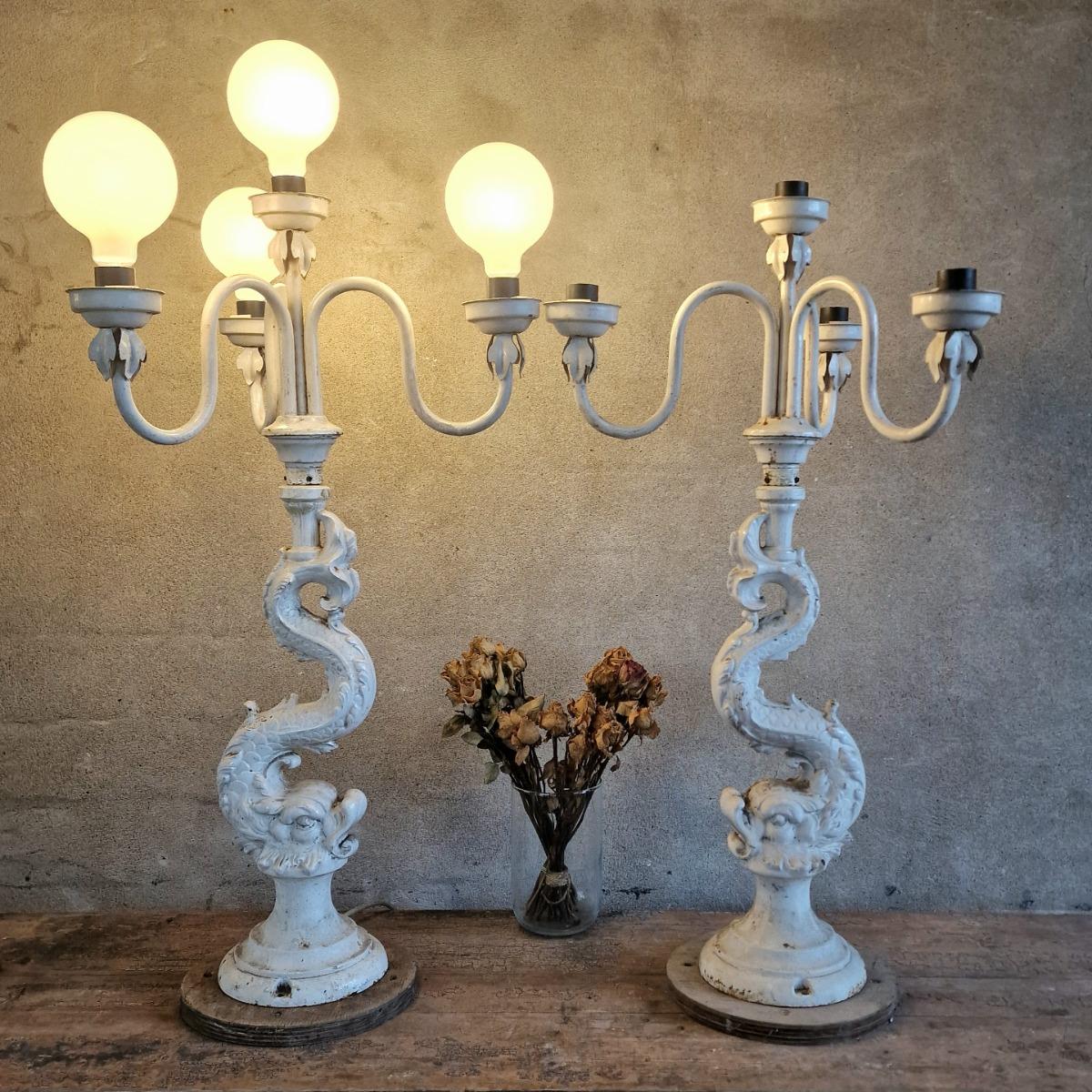 2 cast iron Dolphin lamps