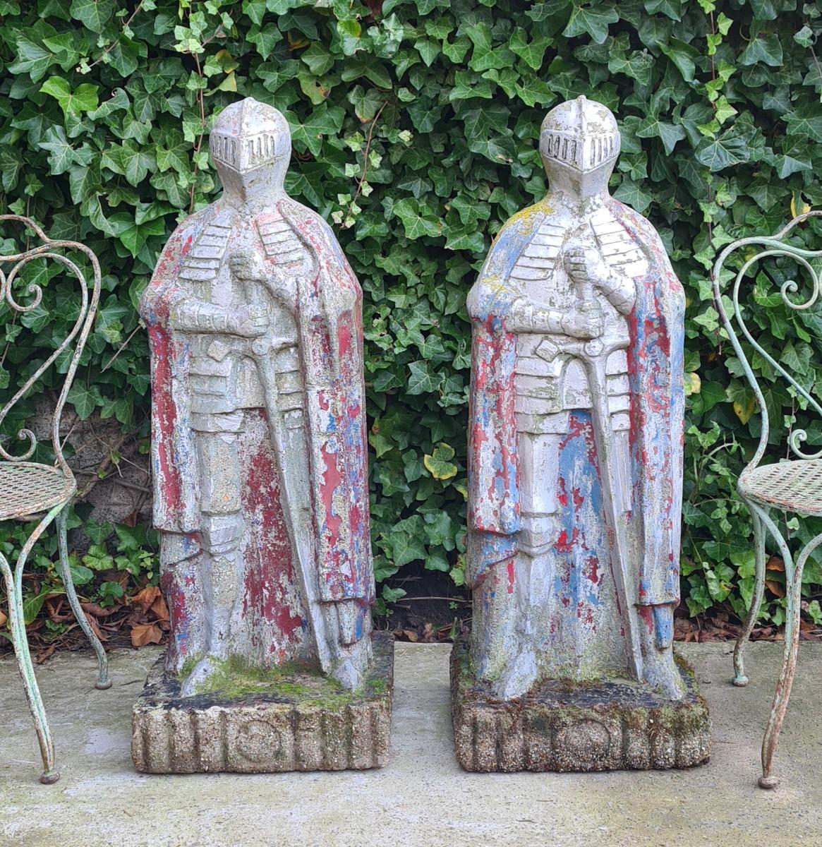 2 large cast stone knights