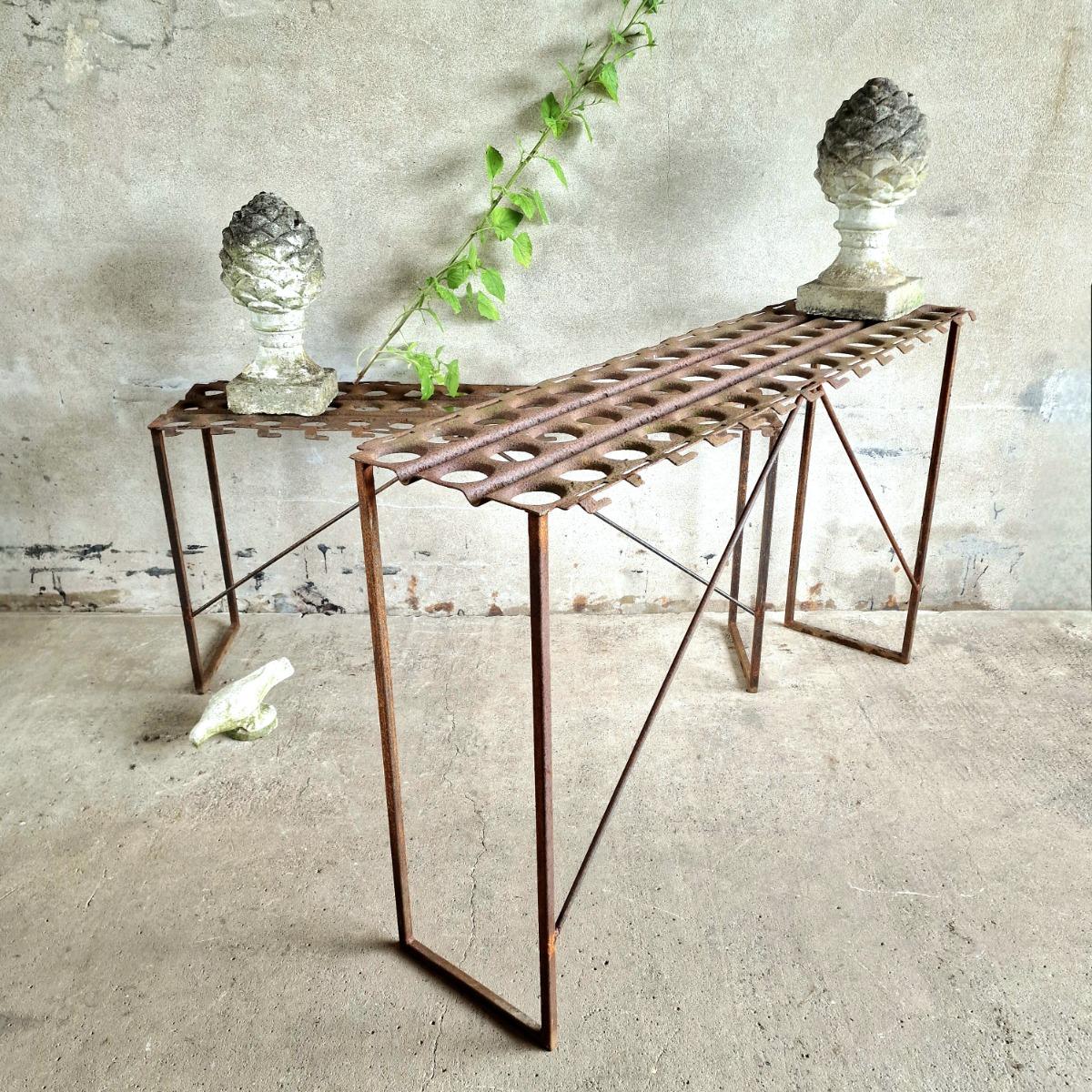 2 metal console tables