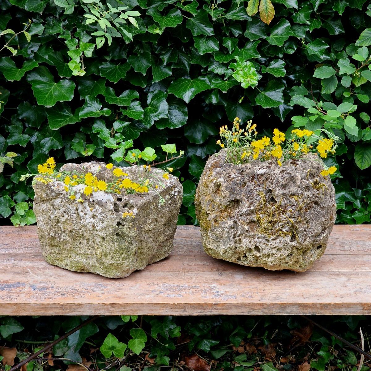 2 primitive stone planters