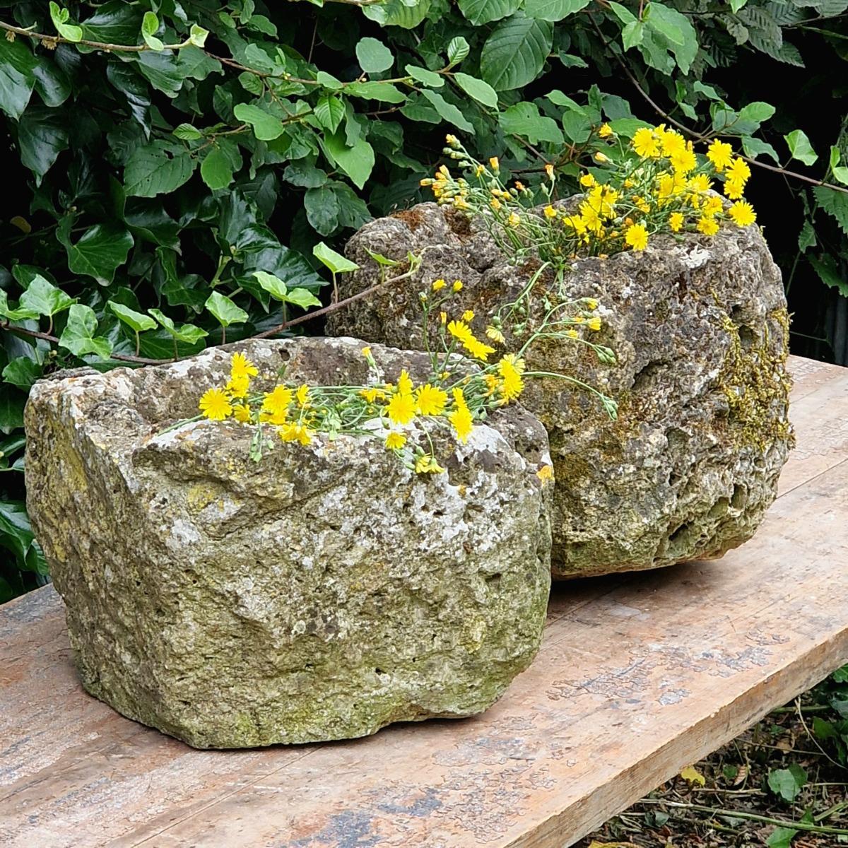 2 primitive stone planters