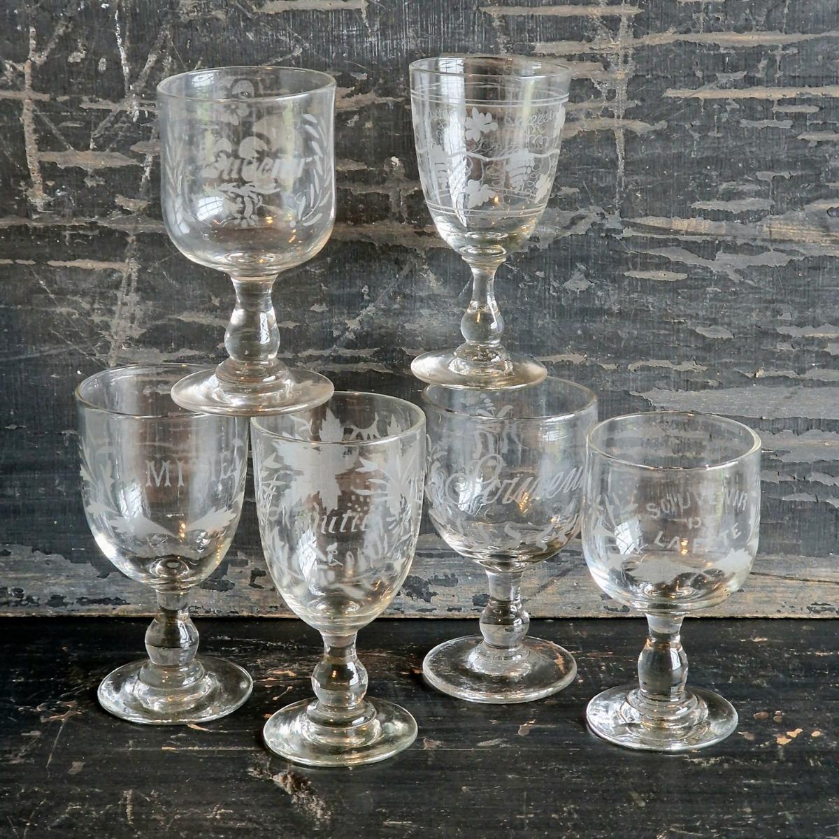 6 French 19thC wine glasses